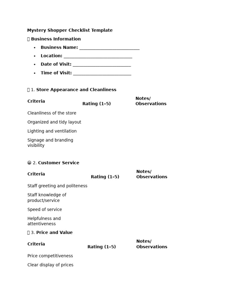 Mystery Shopper Checklist Template | PDF
