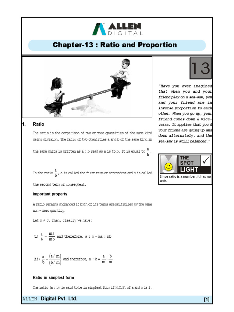 Chapter-13 - Ratio and Proportion - Sheet Notes | PDF | Ratio | Numbers