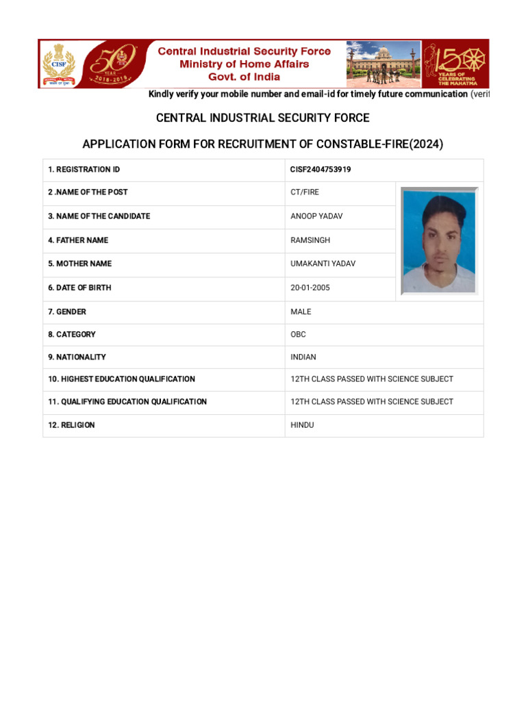 CISF Constable-Fire Recruitment Form 2024 | PDF