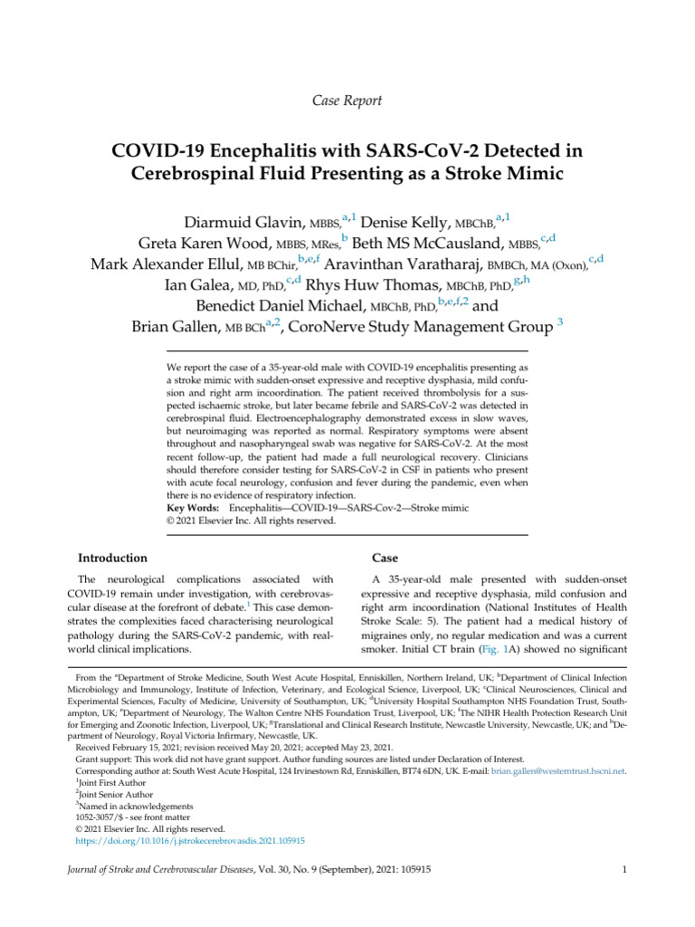 COVID 19 Encephalitis With SARS CoV 2 Detected I 2021 Journal of Stroke ...