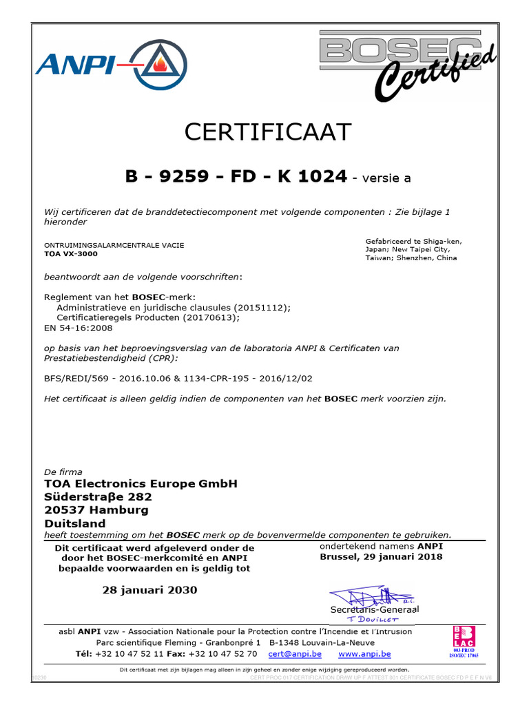 BOSEC Certification for TOA VX-3000 System | PDF | Computer Networking ...