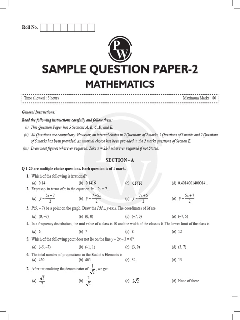 Mathematics Sample Question Paper 2 | PDF | Circle | Area