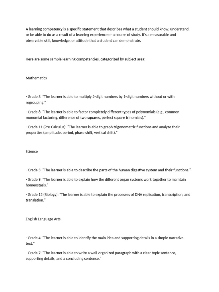Learning Competencies by Subject Area | PDF