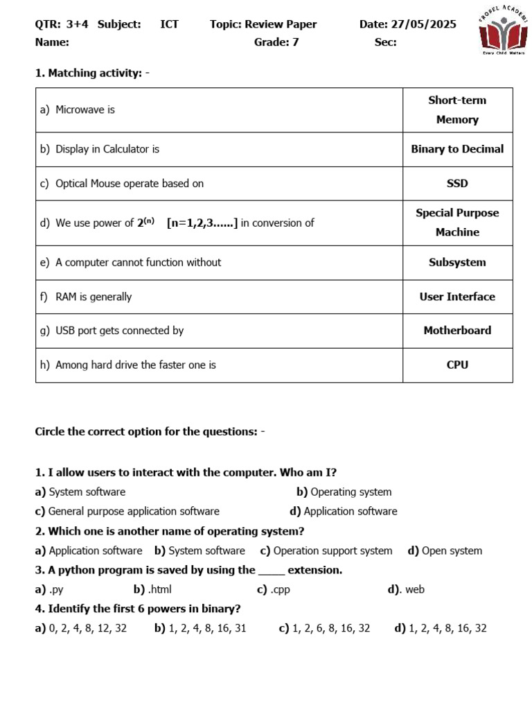 ICT Review Paper for Grade 7 | PDF | Operating System | Computer Program