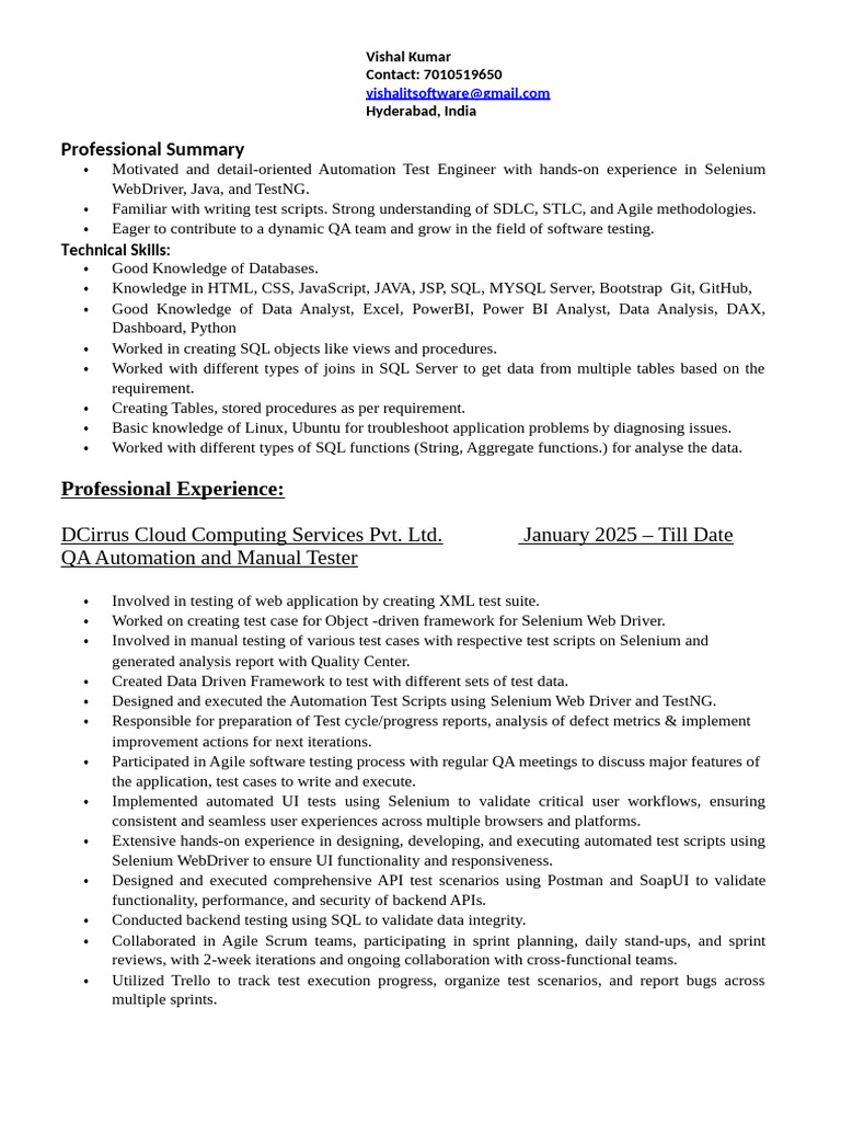 Automation Test Engineer Resume | PDF | Selenium (Software) | Databases