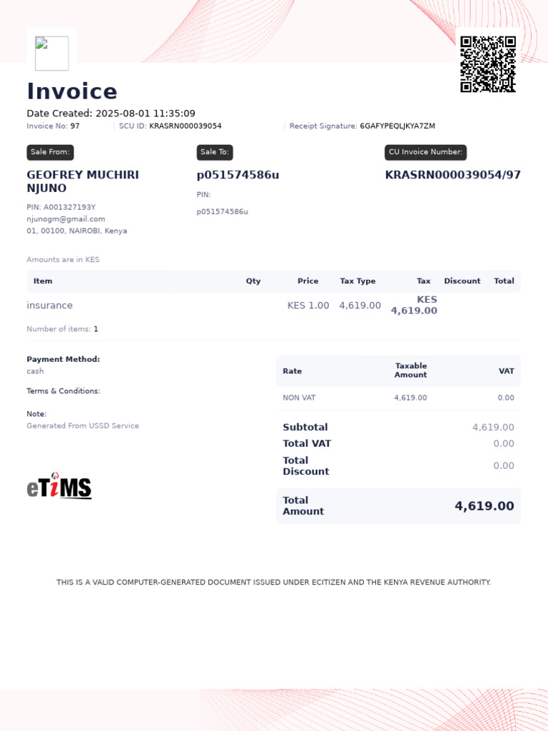 Invoice for Insurance Payment KES 4,619 | PDF