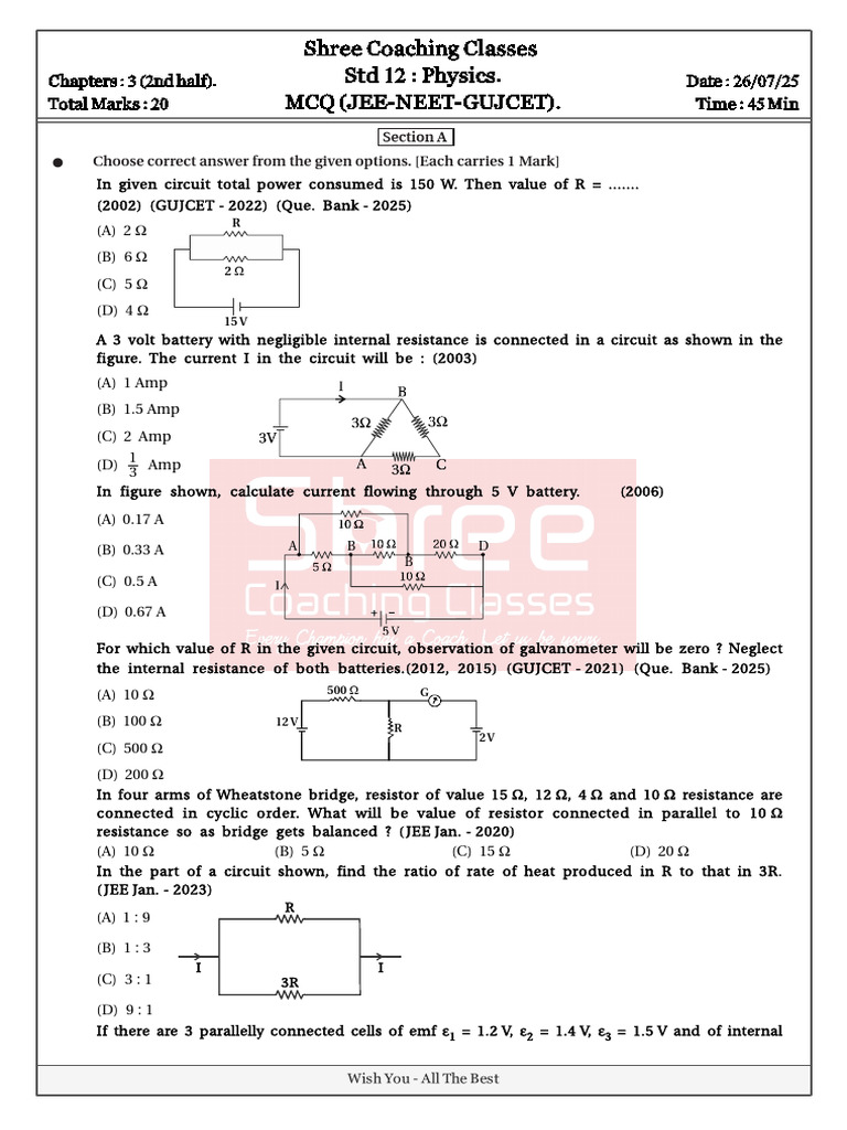 Std 12 Physics MCQs for JEE-NEET | PDF | Series And Parallel Circuits ...