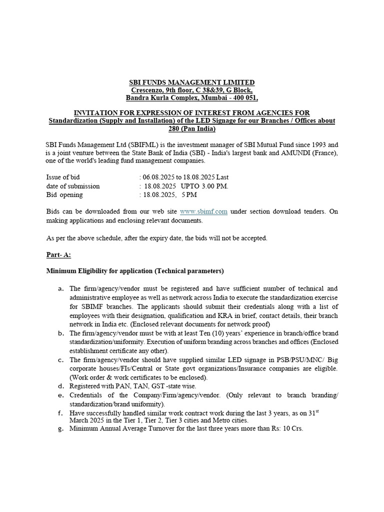 SBI Funds Management LED Signage RFP | PDF | Indemnity | Prices