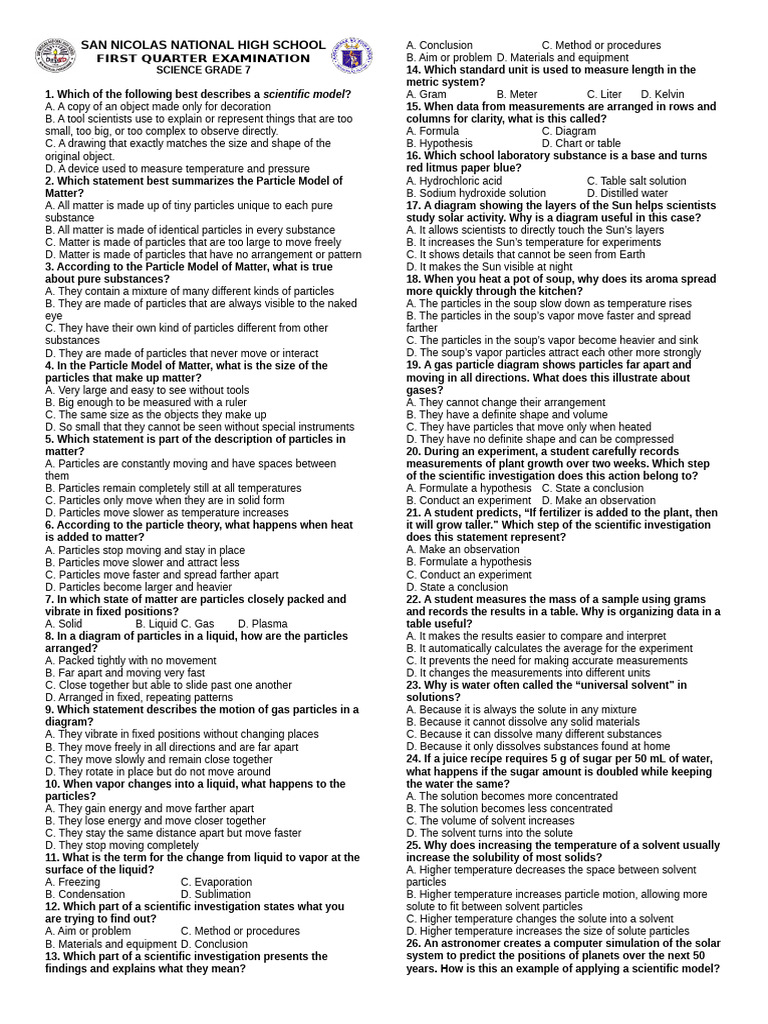 Grade 7 Science First Quarter Exam | PDF | Liquids | Chemical Elements