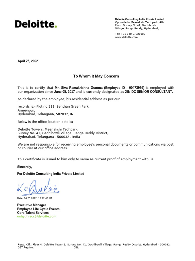 Deloitte Employment Verification Letter | PDF