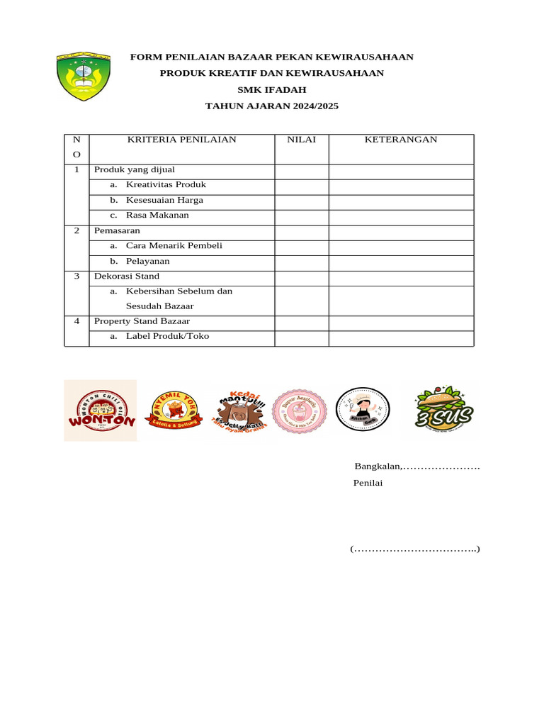 Form Penilaian Bazaar Pekan Kewirausahaan | PDF