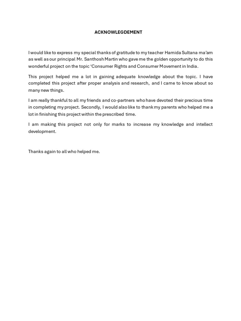 Acknowledgment for Consumer Rights Project | PDF