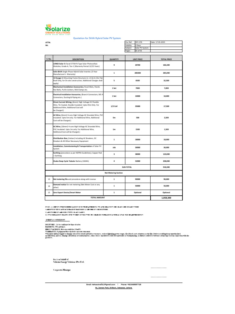 Quotation for 5kVA Hybrid Solar PV System | PDF | Photovoltaic System ...