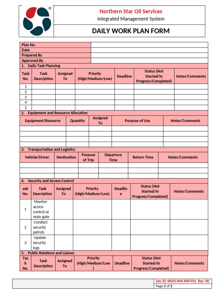 Daily Work Plan for Oil Services | PDF | Logistics