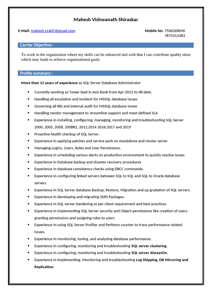 SQL Server DBA Resume - 12+ Years Experience | PDF | Microsoft Sql ...