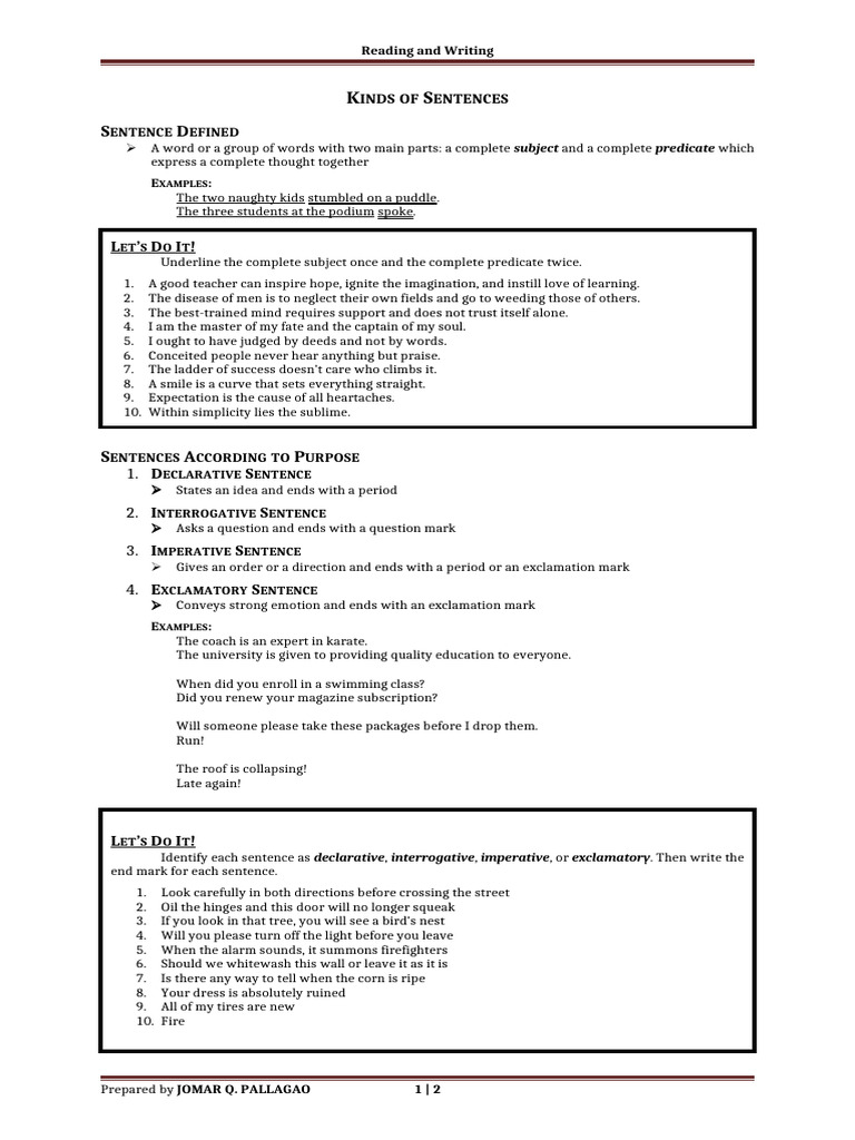 4 Sentences According To Purpose | PDF | Sentence (Linguistics) | Question