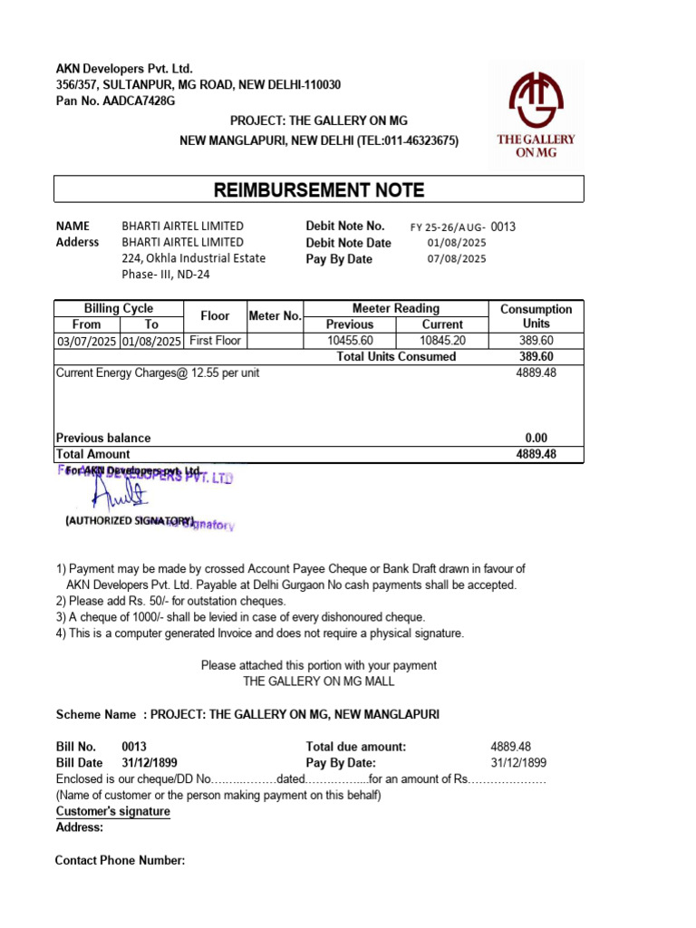 AKN Developers Reimbursement Note | PDF