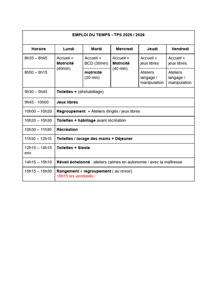 Emploi du Temps TPS 2025/2026 | PDF