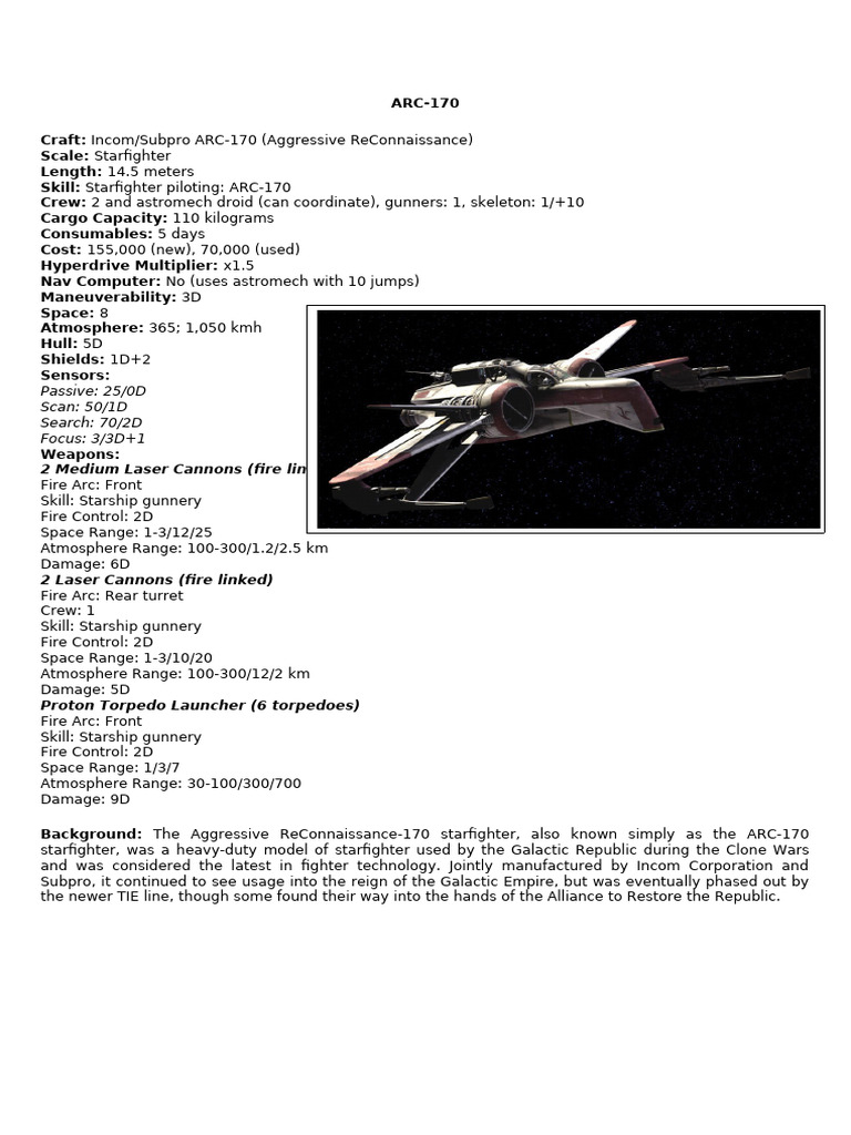 ARC-170 Starfighter Specifications | PDF