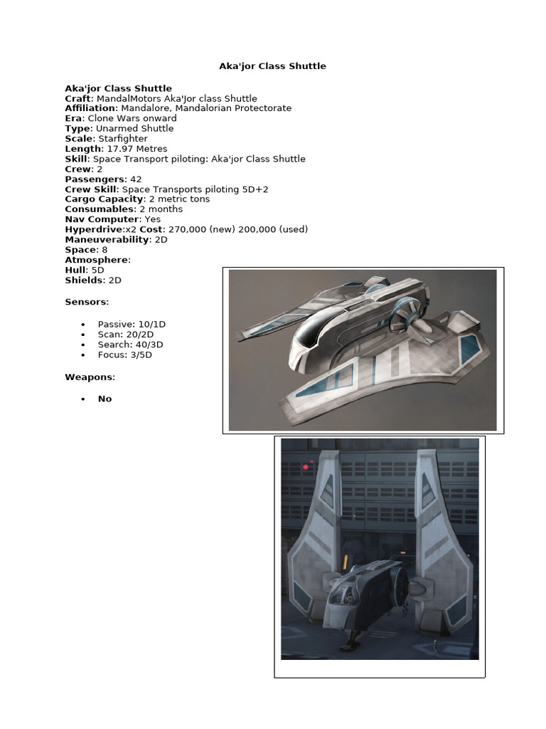 Mandalorian Aka'jor Class Shuttle Overview | PDF