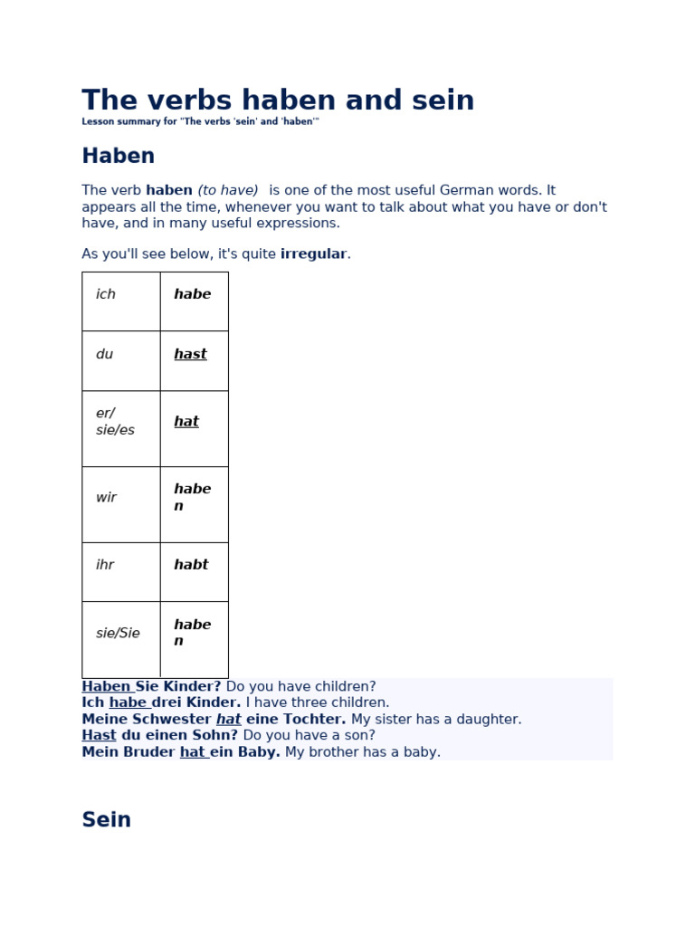 The Verbs Haben and Sein | PDF
