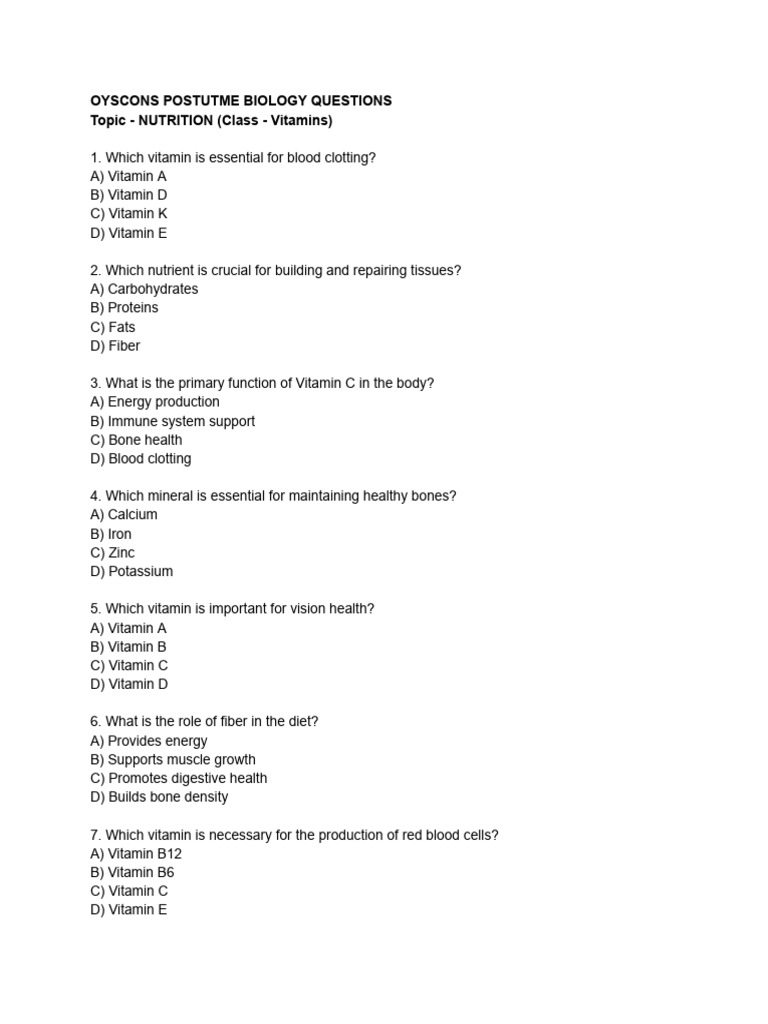 Essential Nutrition & Vitamin Quiz | PDF | Nutrients | Vitamin