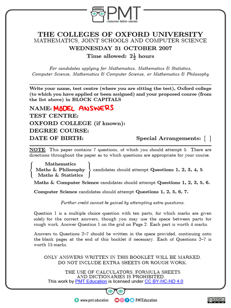 Oxford Mathematics Admissions Test 2007 | PDF | Mathematics