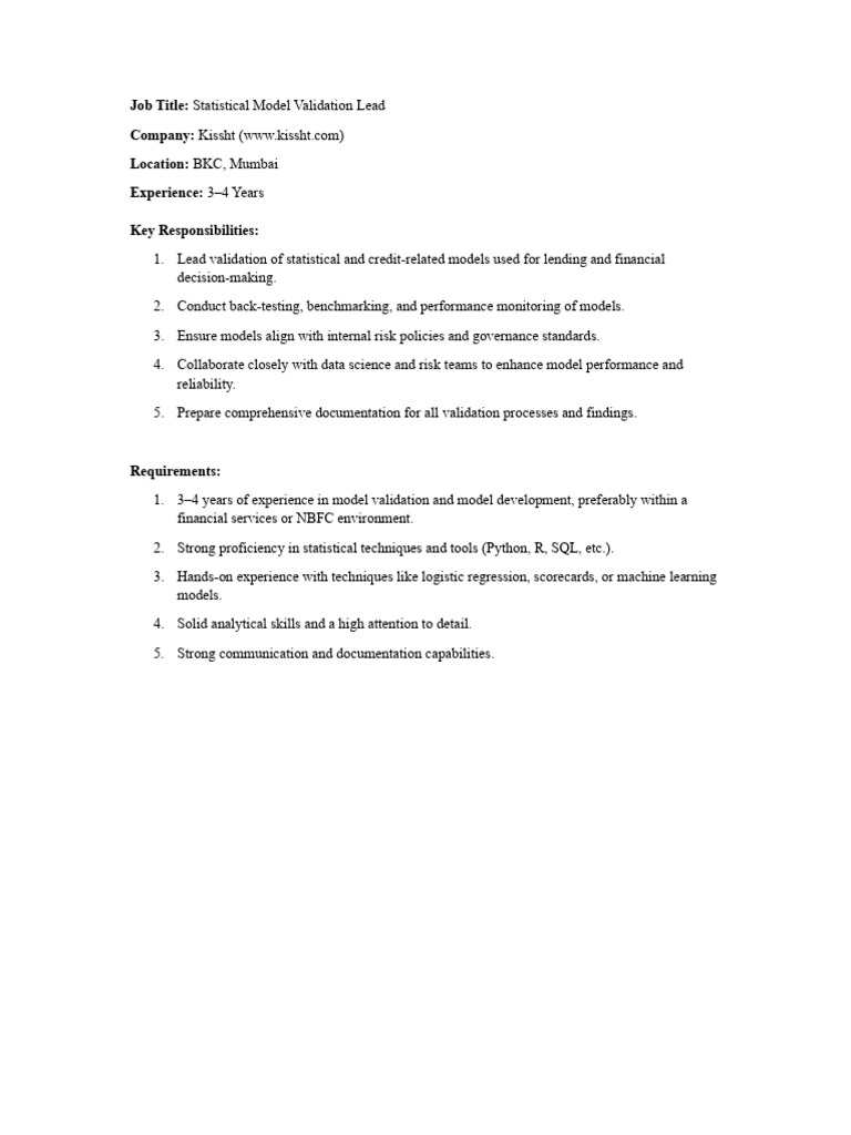 Statistical Model Validation Lead Role | PDF