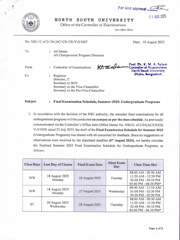 Final Exam Schedule (Ug) Summer 2025 | PDF