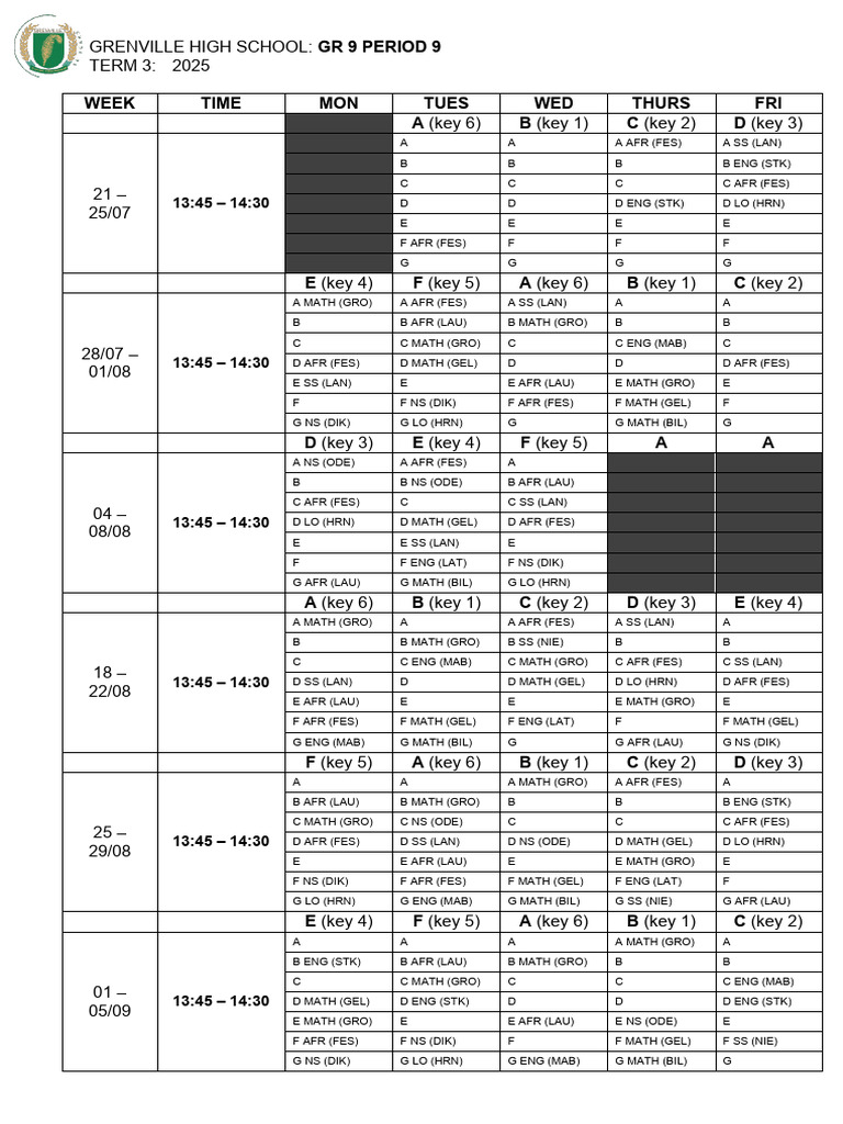 Grade 9 Term 3 Timetable 2025 | PDF