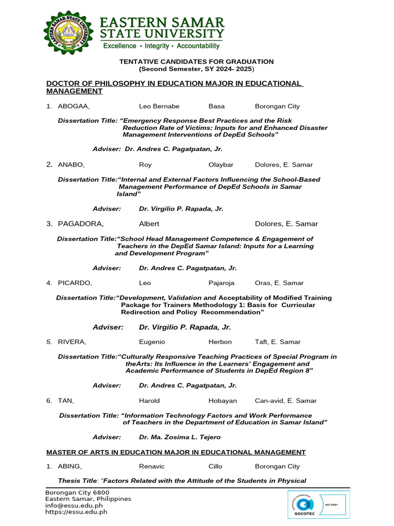 Graduation Candidates for Education Programs | PDF | Learning