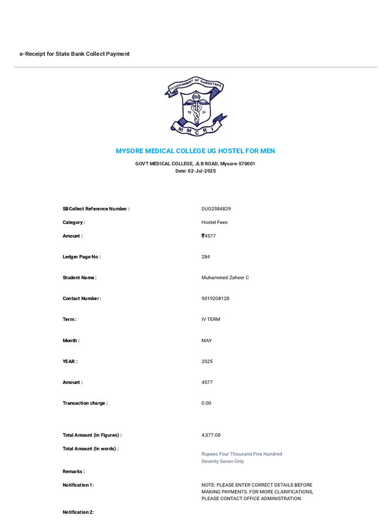 e-Receipt for Hostel Fees Payment | PDF