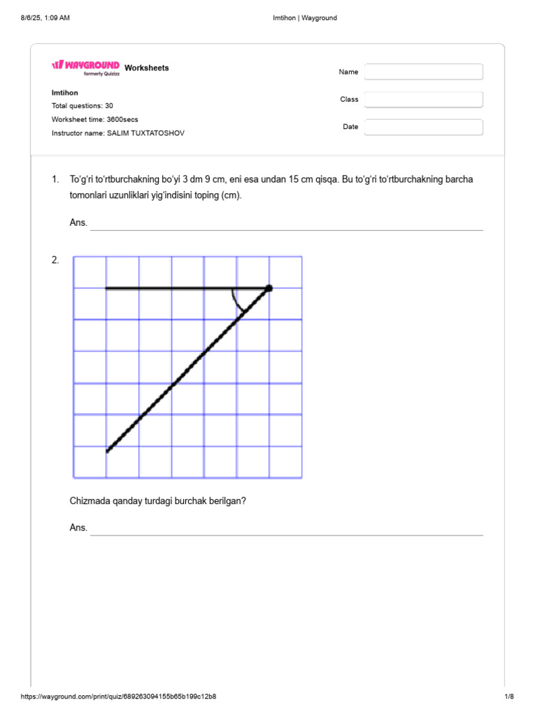 Wayground Matematika Imtihon Worksheet | PDF