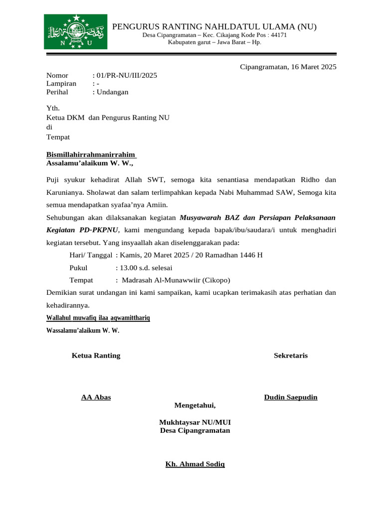 Undangan Musyawarah Ranting NU | PDF