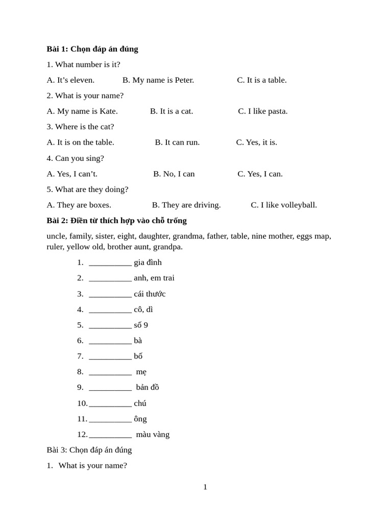 English Language Exercises for Kids | PDF