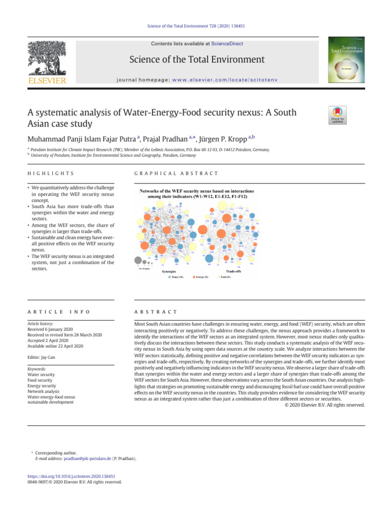 A systematic analysis of Water Energy Food security nexus A South Asian ...