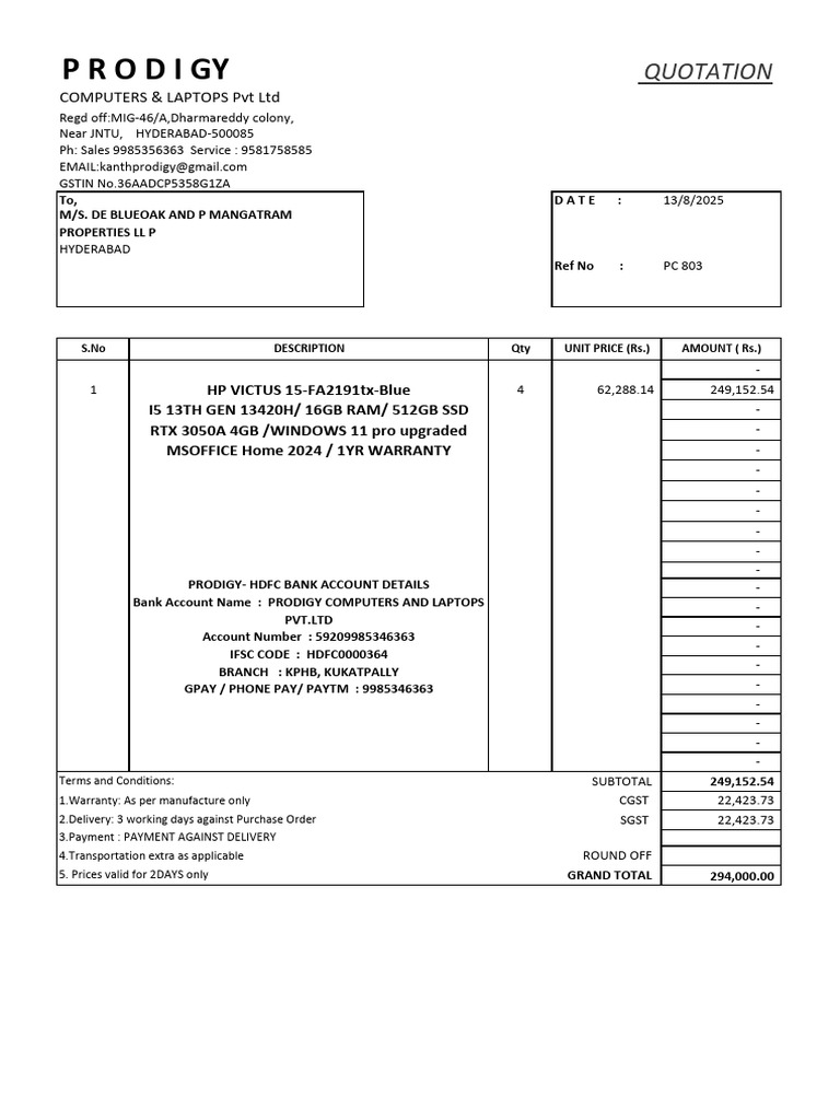 PC804 Quotation for De Blueoak | PDF | Computing Platforms | Video Game ...