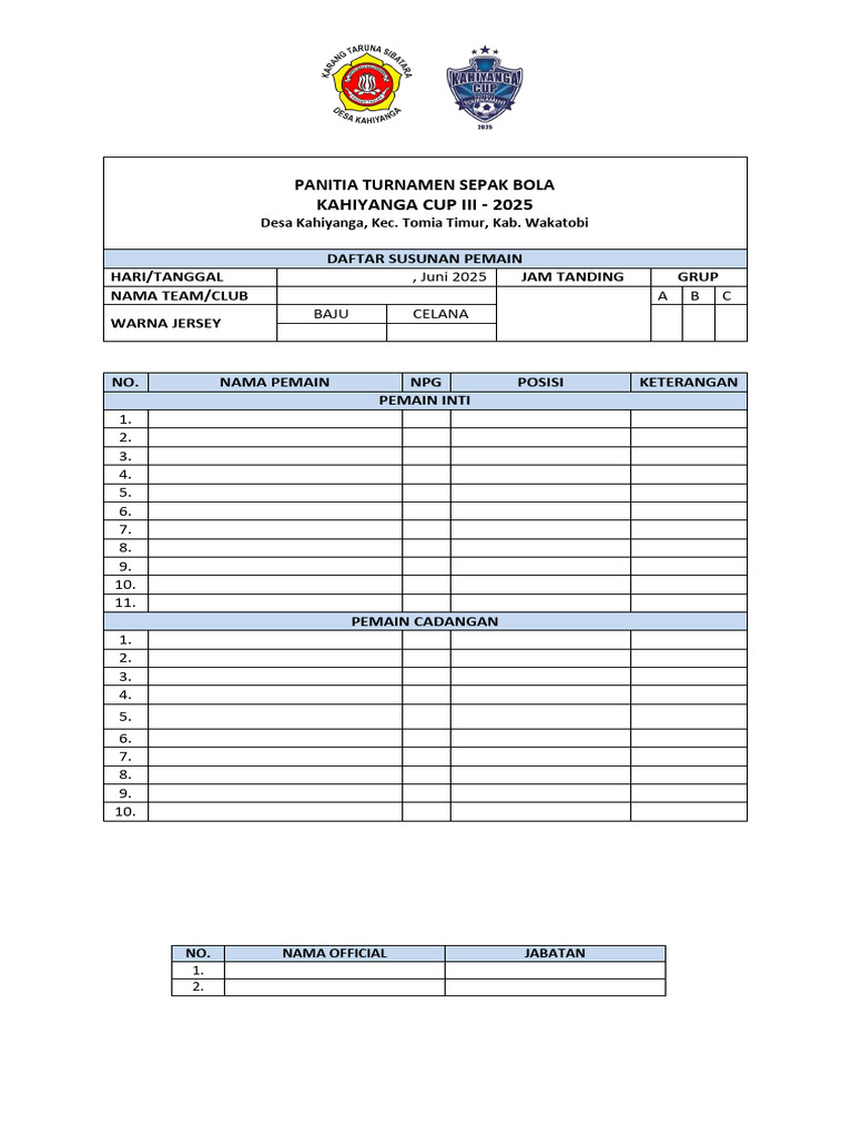 Susunan Pemain Kahiya Cup III 2025 | PDF