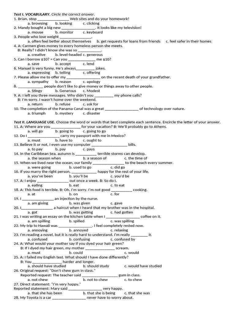 Vocabulary and Language Use Test | PDF