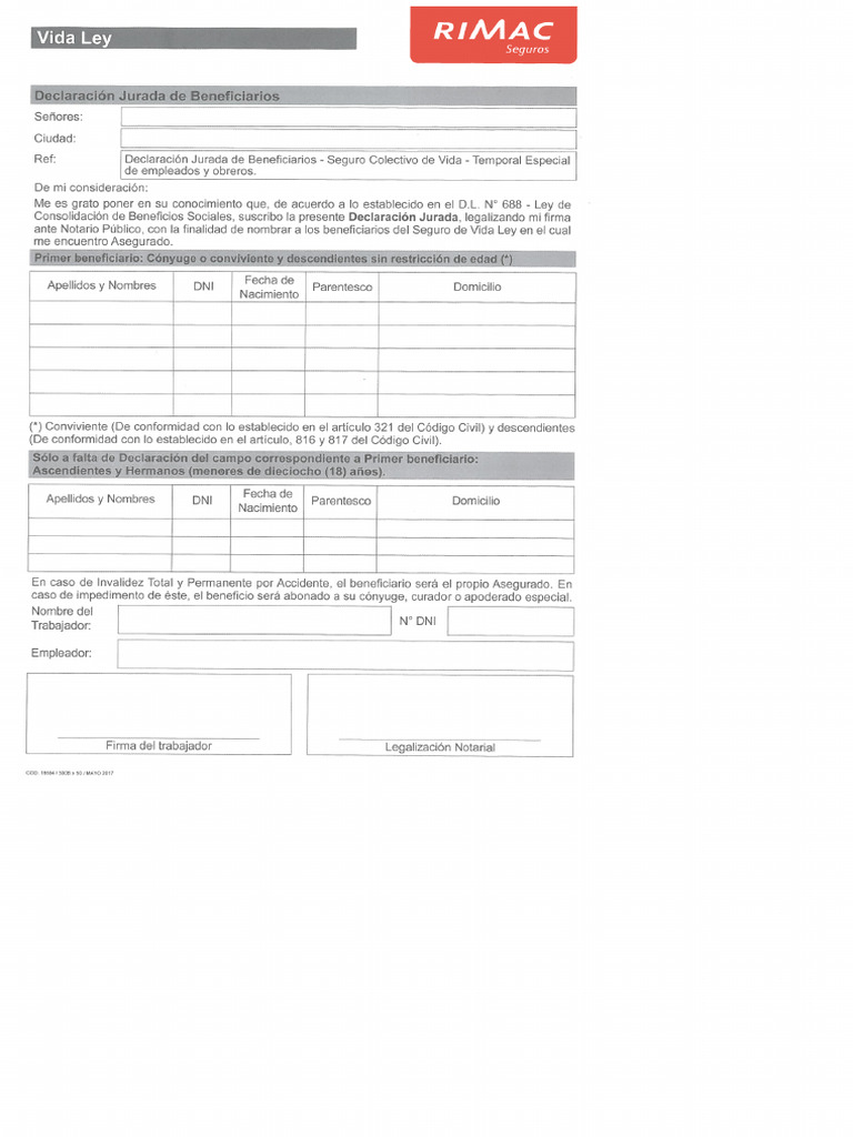 Formato Declaracion Beneficiarios Vida Ley - RIMAC | PDF