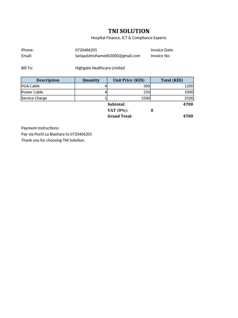 TNI Solution Invoice for Highgate Healthcare | PDF