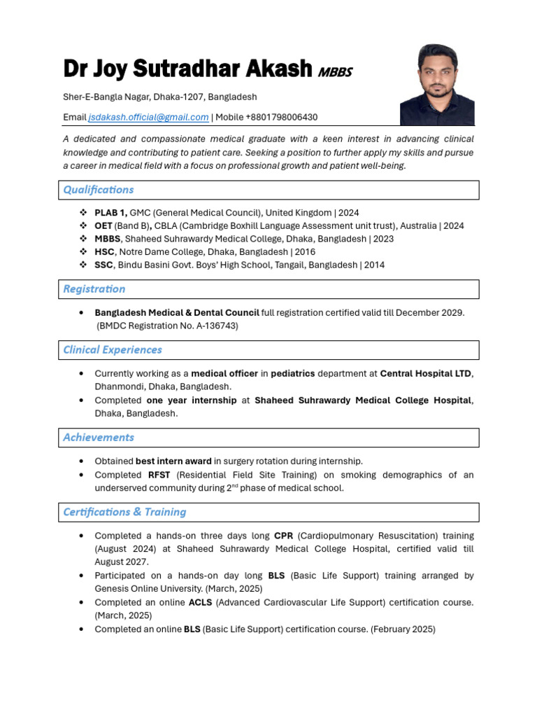 Medical Graduate Resume - Dr. Joy Sutradhar | PDF | Medical School ...