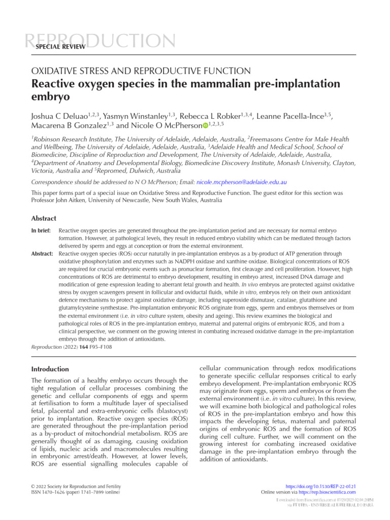 Reactive Oxygen Species in The Mammalian Pre-Implantation Embryo | PDF ...