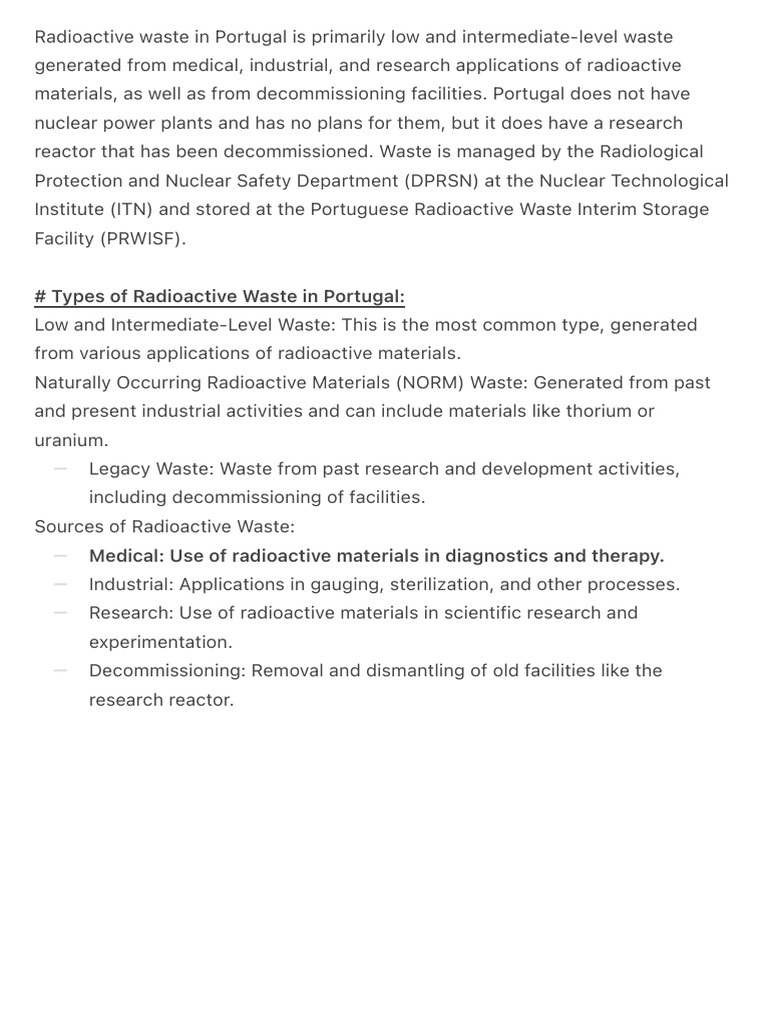 Radioactive Waste in Portugal Is Primarily Low and Intermediate-Level | PDF