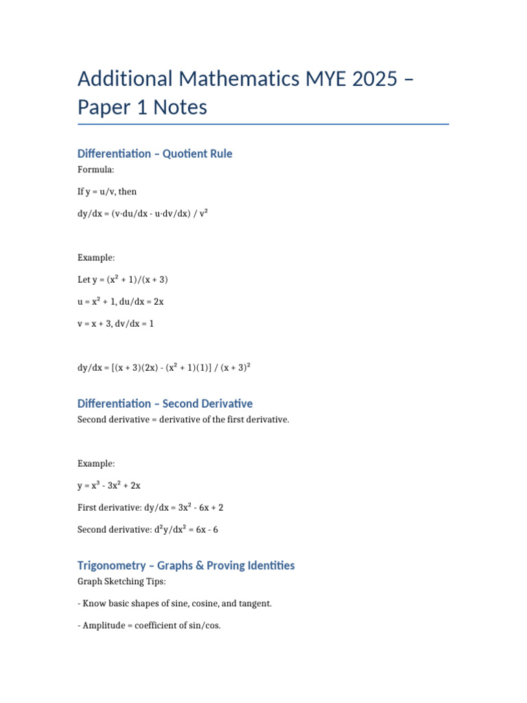 Additional Mathematics MYE 2025 Paper 1 Notes | PDF