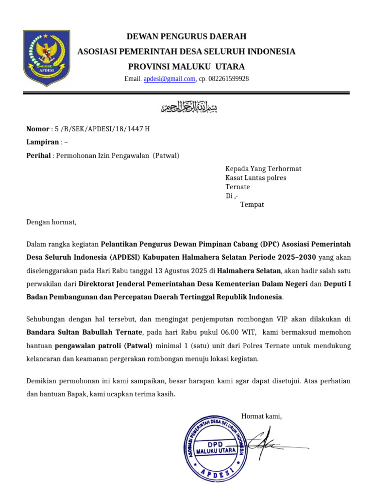 Permohonan Patwal untuk Pelantikan APDESI | PDF