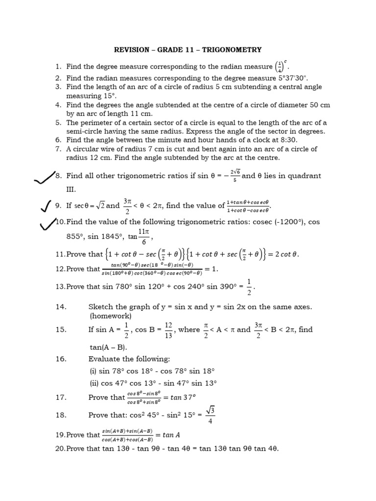 Grade 11 Trigonometry Revision Exercises | PDF | Circle | Angle