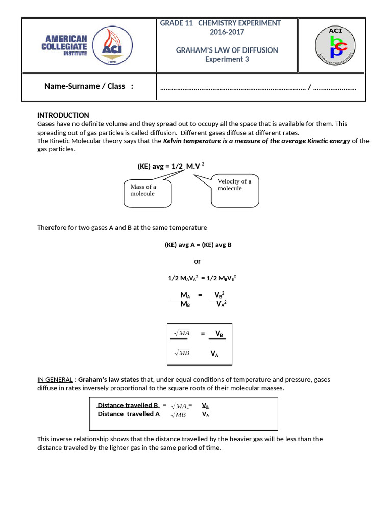 Graham's Law of Diffusion Experiment | PDF | Gases | Diffusion