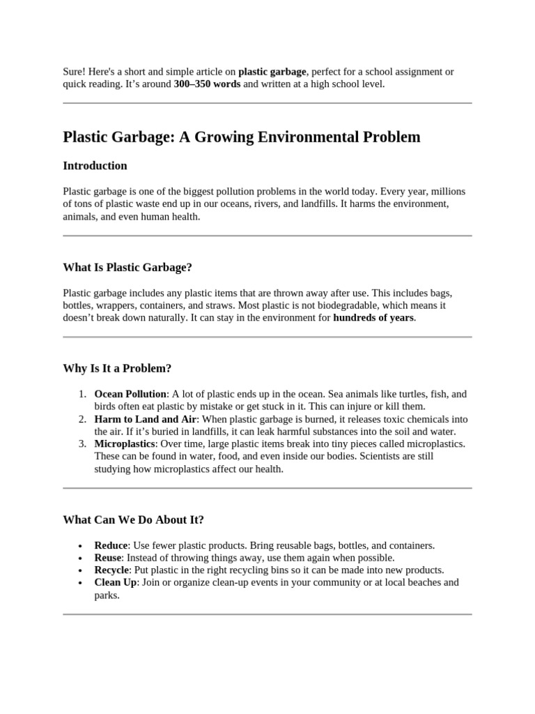 Plastic Garbage: Environmental Impact & Solutions | PDF