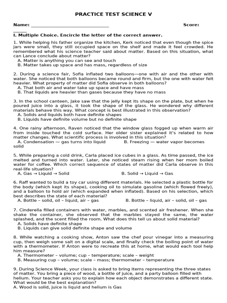 Science Practice Test on Matter | PDF | Water | Liquids
